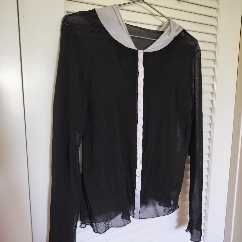 Women's Black Sheer Snap Front Hooded Blouse Cardigan Kimono Size Large